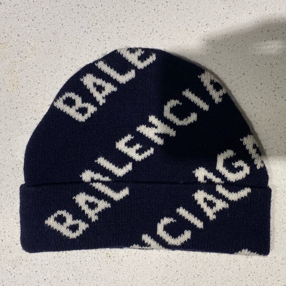 COPY - Navy Balenciaga Allover Logo Wool Beanie - Picture 3 of 4